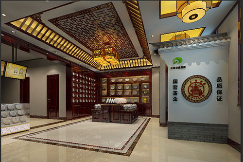 康保古朴典雅的中式茶叶店大堂设计效果图