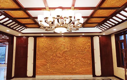康保中式别墅客厅中式木作横梁吊顶装饰展示